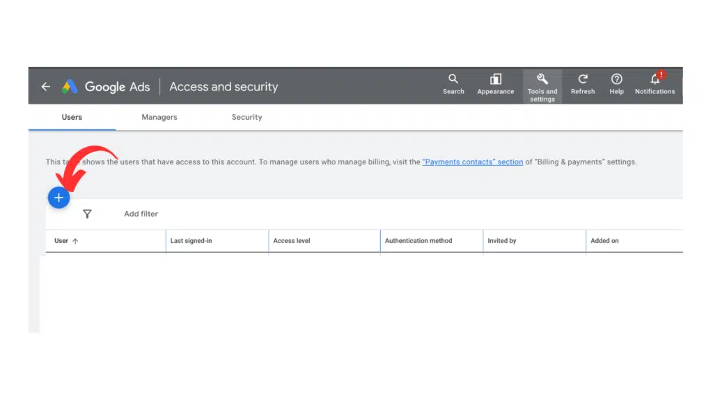 screenshot from Google Ads shows the blue plus button on the left, in Access and Security section