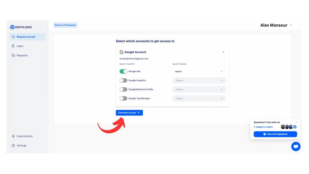 screenshot from Digitalsero shows generating access link option