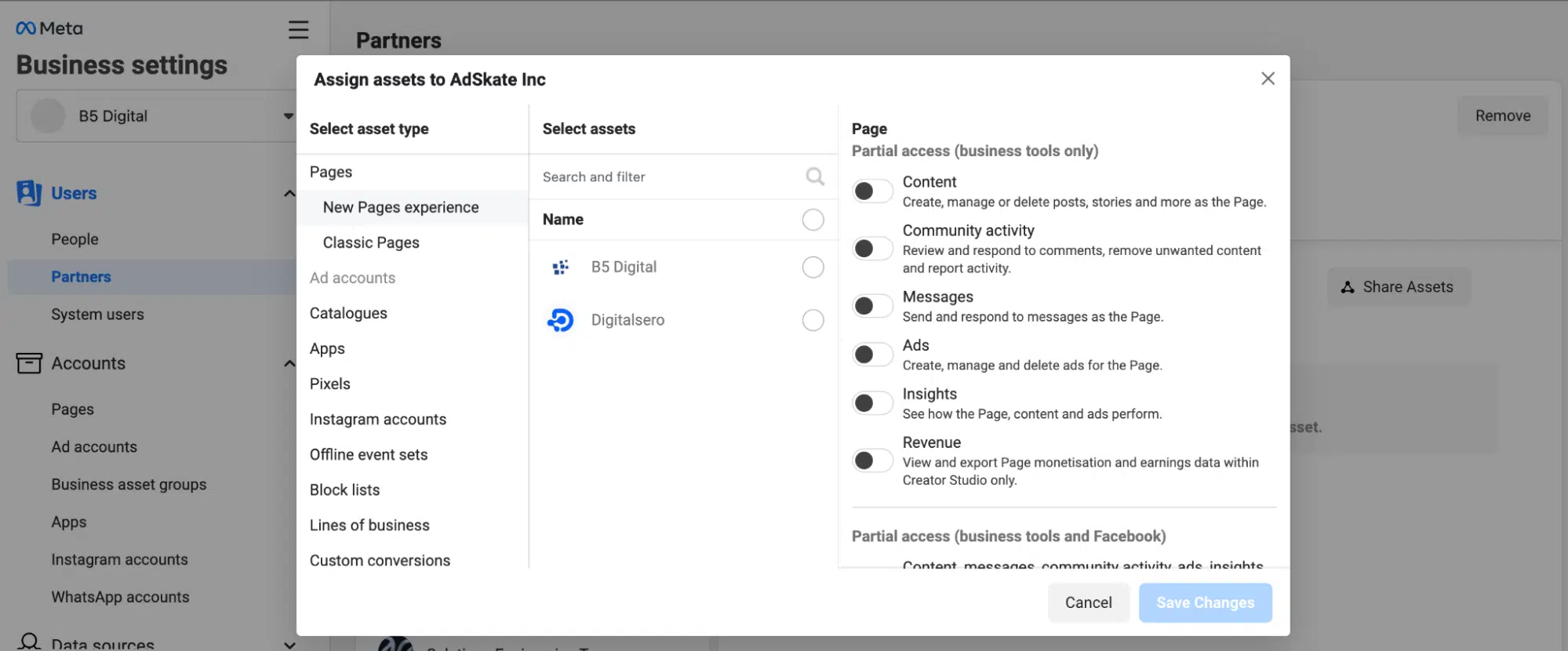 Screenshot from Meta Business Manager. Assign Assets to Partner.